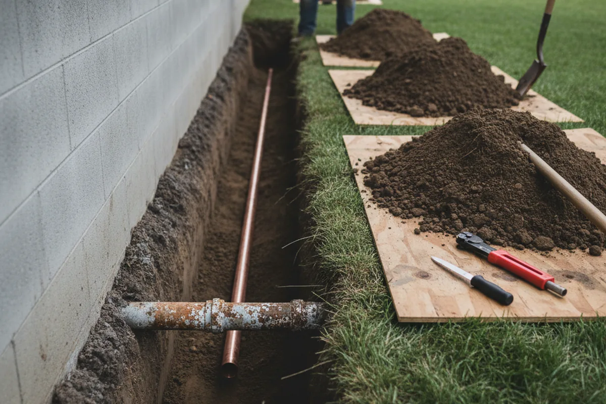 Excavated water line trench during Water Softener Installation in Orange Cove